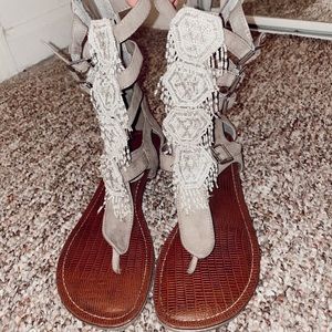 Gray beaded wrap around sandals
